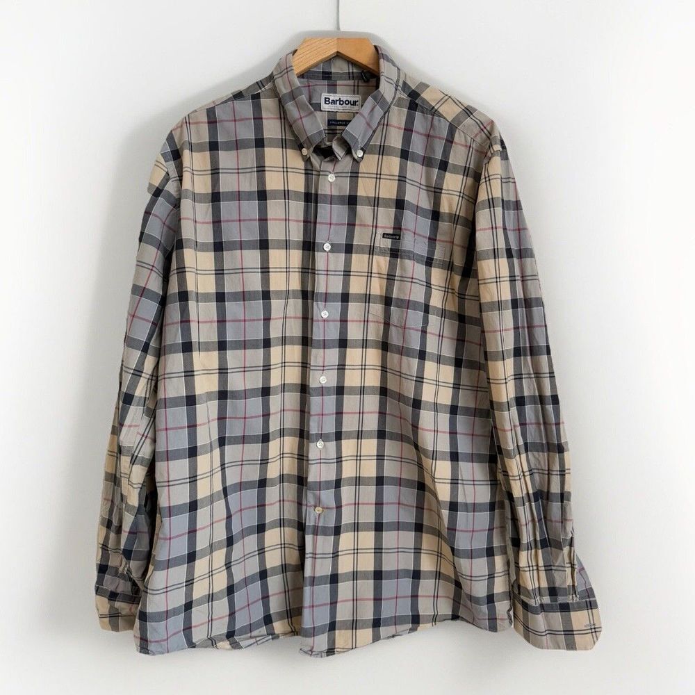 Barbour Herbert Shirt Mens XL Tailored Fit Nova Check Plaid Button Tan Tartan